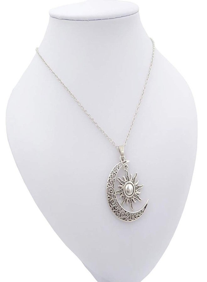 QIAN0813 Vintage Bronze Crescent Moon and Sun Pendant Necklace Retro Swirl Filigree Unisex Jewelry Gifts (Silver) - Image 2